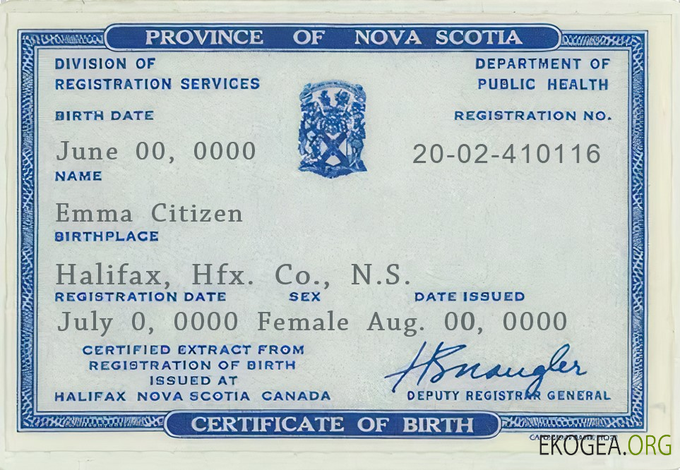 Modèle d'acte de naissance Canada Province de Nouvelle Écosse au format PSD